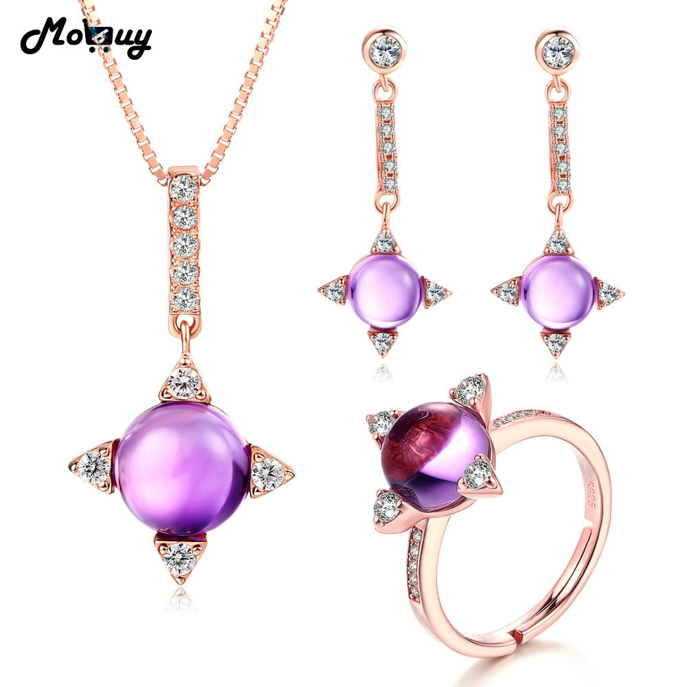 Amethyst Natural Gemstone Rose Gold Plated 925 Sterling Silver Jewelry Sets For Women Party Vintage Jewelry V009ENR