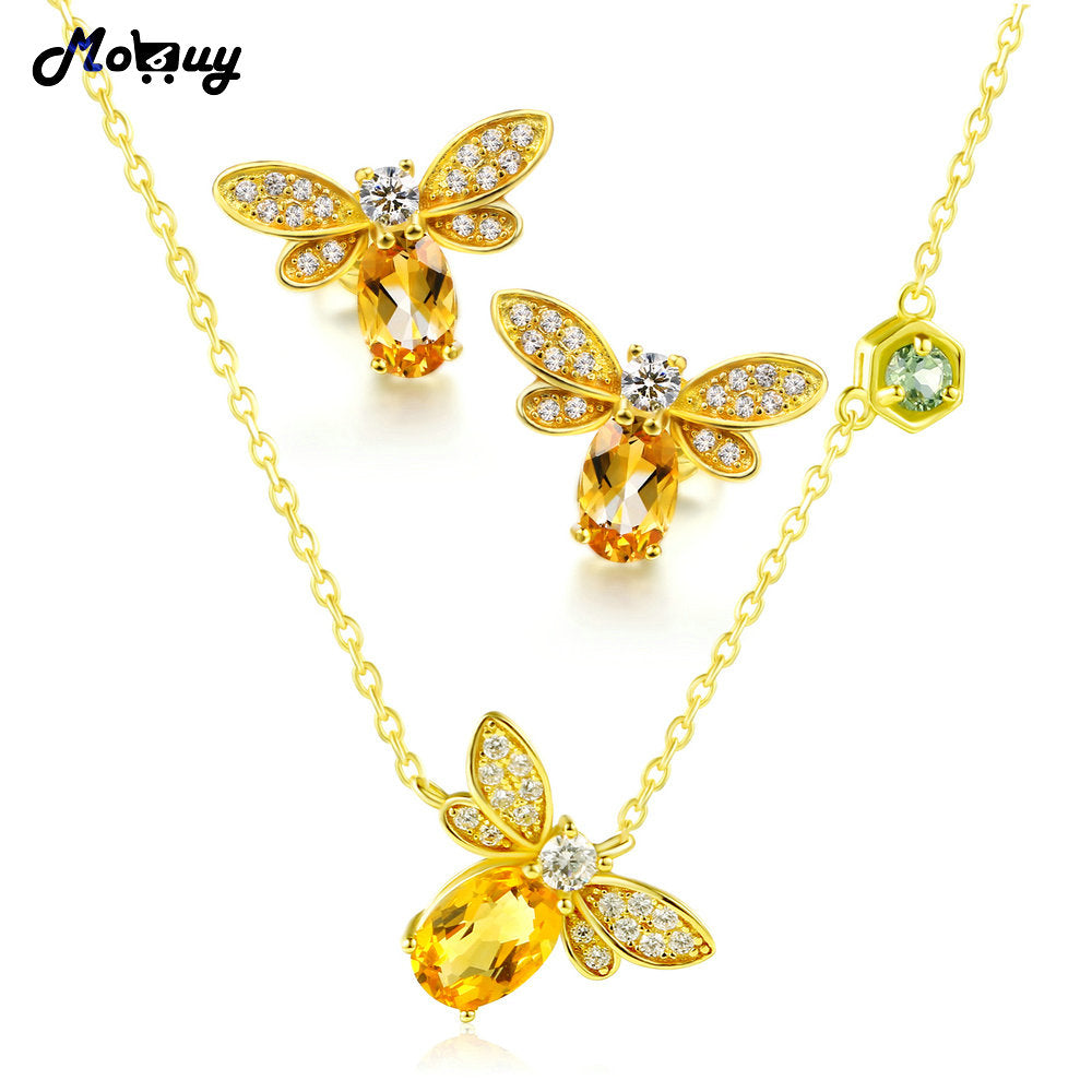 Citrine Natural Gemstone 2pcs Jewelry Sets 100% 925 Sterling Silver Fine Jewelry For Women Party Gift V027EN