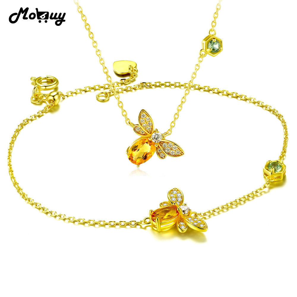 Citrine Natural Gemstone 2pcs Jewelry Sets 100% 925 Sterling Silver Romantic Fine Jewelry For Women Anniversary V027HN