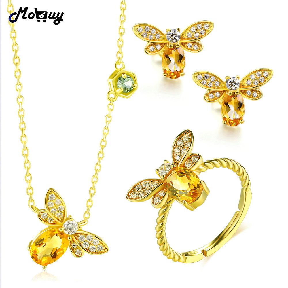 Citrine Natural Gemstone 3pcs Cute Insect Jewelry Sets 100% 925 Sterling Silver Fine Jewelry For Women Party V027ENR