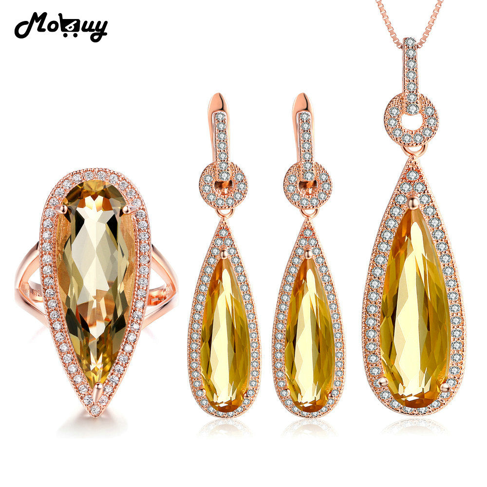 Classic Pear Citrine Natural Gemstone 3pcs Jewelry Sets 100% 925 Sterling Silver For Women Engagement Jewelry V047ENR