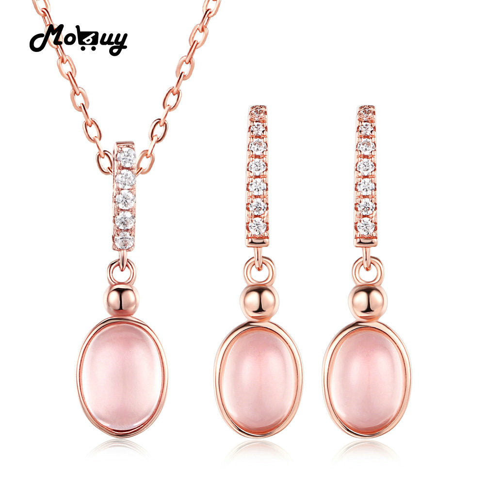 Cute 925 Sterling Silver Jewelry Set Oval Natural Gemstone Pink Rose Quartz Rose Gold Plated Fine Jewelry For Women V021EN