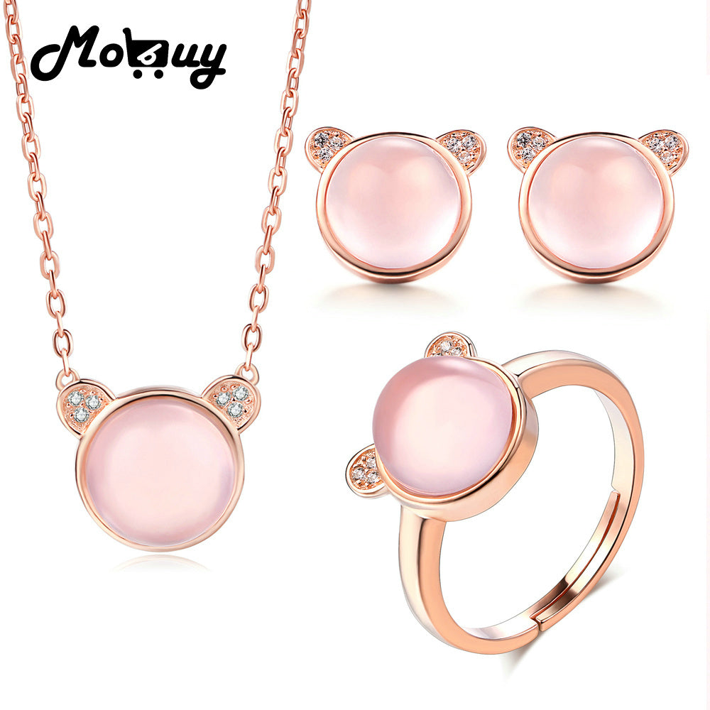 Cute Animal Natural Gemstone 3pcs Jewelry Sets 100% 925 Sterling Silver Rose Quartz For Women Fine Jewelry V017ENR