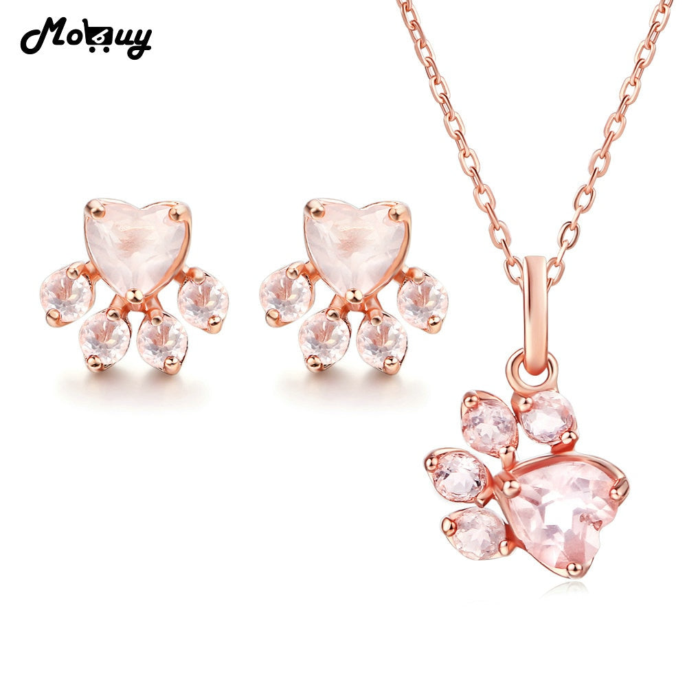 Cute Bearfoot Natural Gemstone 100% 925 Sterling Silver 4pcs Jewelry Sets Rose Quartz For Women Fine Jewelry V035EN