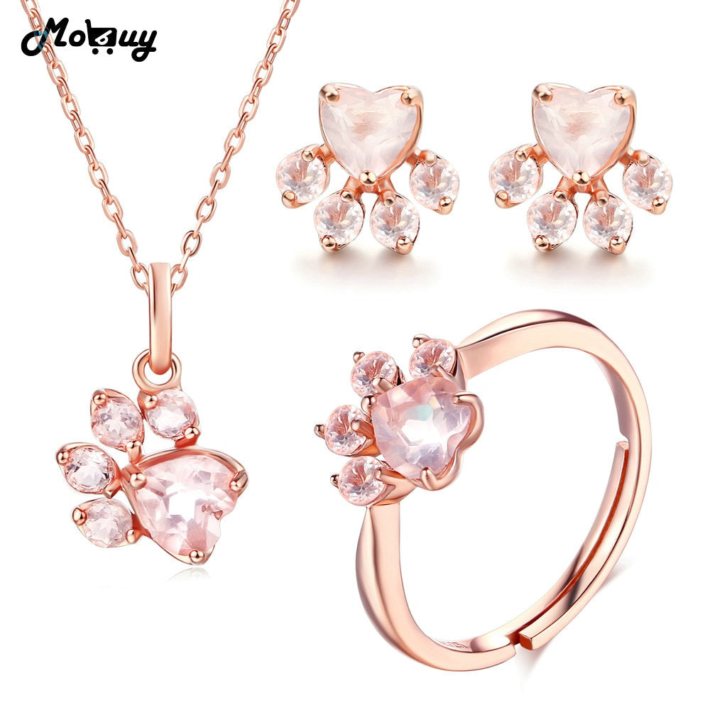 Cute Bearfoot Natural Gemstone Pink Rose Quartz 100% 925 Sterling Silver 3pcs Jewelry Sets For Women Fine Jewelry V035-ENR