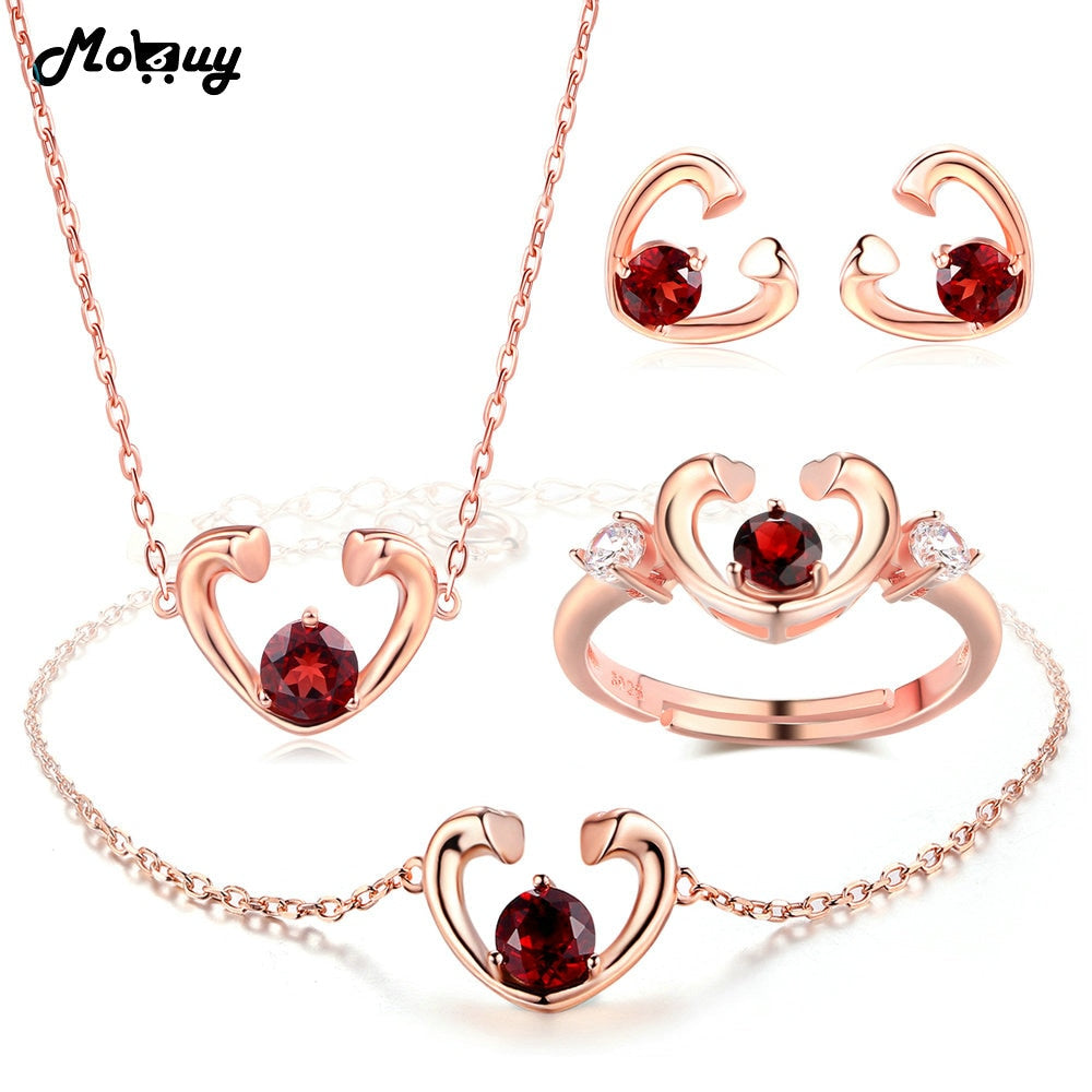 Garnet Natural Gemstone 4pcs Jewelry Sets 100% 925 Sterling Silver For Women Wedding Love Heart Fine Jewelry V015EHNR