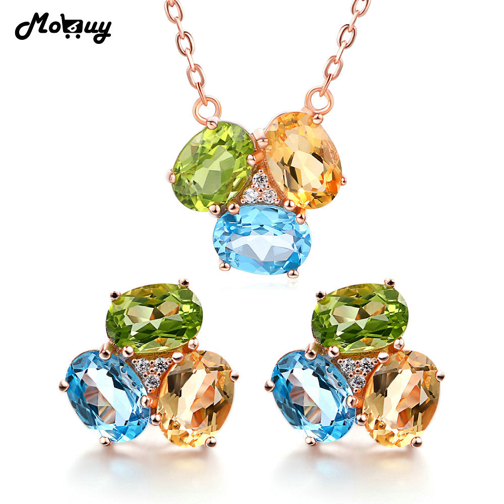 MoBuy Gemstone Earrings & Necklaces 2pcs Jewelry Sets Topaz Citrine Peridot 925 Sterling Silver Wedding Fine Jewelry V003EN