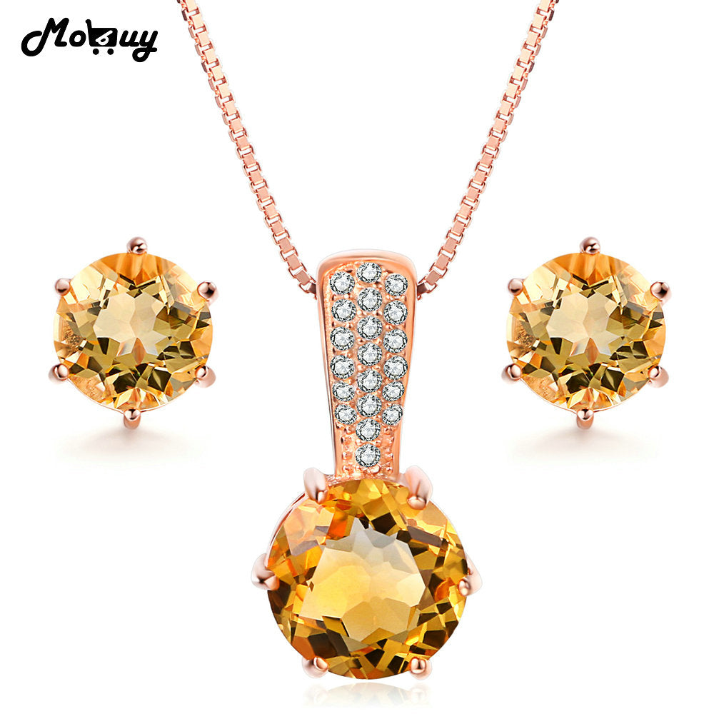 Jewelry Accessories Natural Gemstone Six Claws Citrine 925 Sterling Silver 2PCS Fine Jewelry Set Necklaces&Earrings V002EN