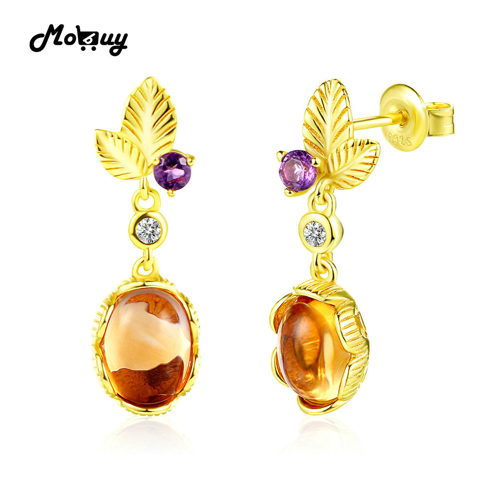 MBEI007 Leaf Natrual Gemstone Citrine & Amethyst Drop/Dangle Earrings 925 Sterling Silver 14K Yellow Gold Plated For Women