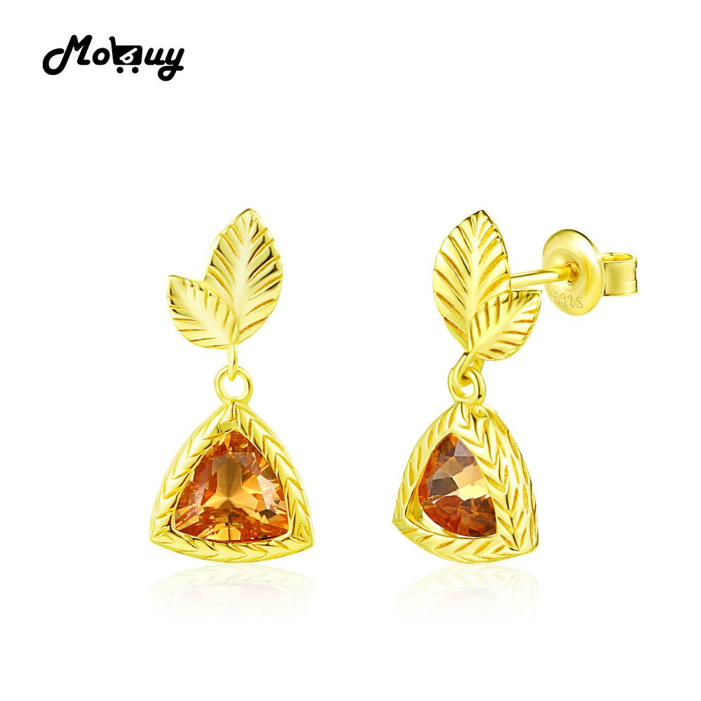 MBEI009 Leaf Trillion Natrual Gemstone Citrine Drop/Dangle Earrings 925 Sterling Silver 14K Yellow Gold Plated For Women