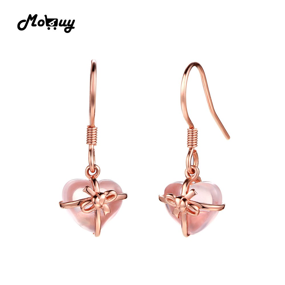 MBEI012 Love Heart 100% 925 Sterling Silver Jewelry Gemstone Rose Quartz Drop/Dangle Earring Rose Gold Plated For Women