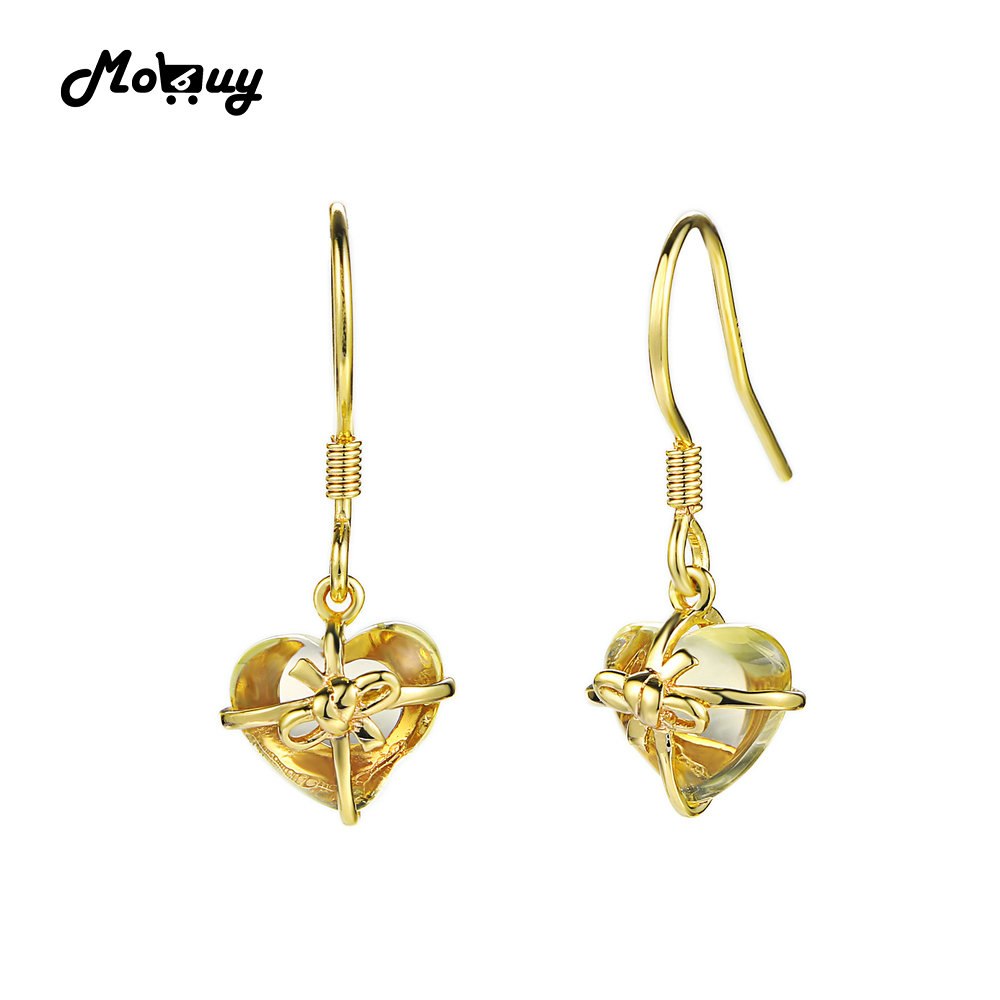 MBEI013 Love Heart Gemstone Citrine Drop/Dangle Earrings 925 Sterling Silver 14K Yellow Gold Plated Fine Jewelry For Women