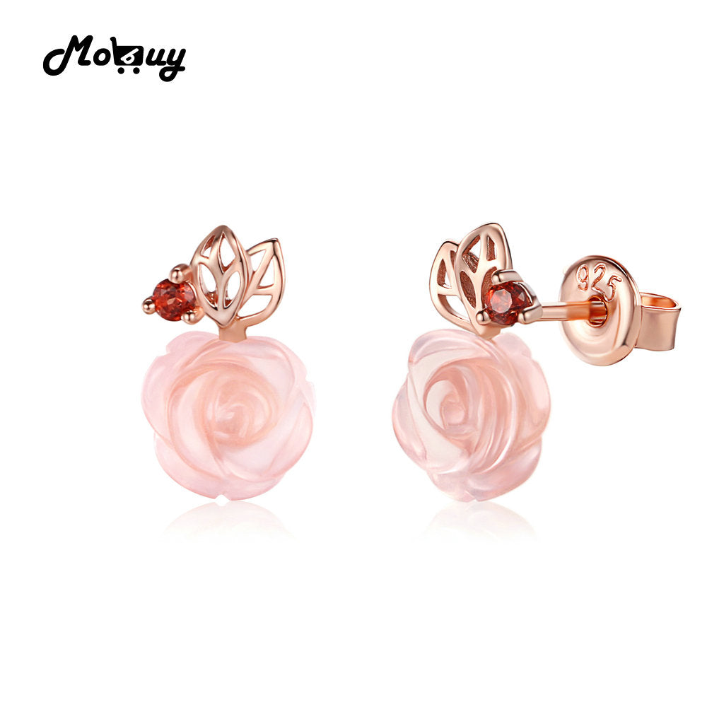MBEI015 Cute Flower Cut Natural Gemstone Rose Quartz Stud Earrings 925 Sterling Silver Gold Plated Fine Jewelry For Women