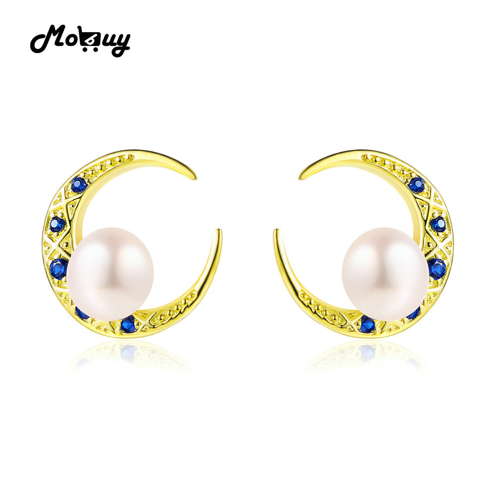 MBEI023 Moon 6~7mm Pearl Beads Stud Earrings 925 Sterling Silver 14K Yellow Gold Plated Fine Jewelry For Women
