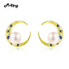 MBEI023 Moon 6~7mm Pearl Beads Stud Earrings 925 Sterling Silver 14K Yellow Gold Plated Fine Jewelry For Women