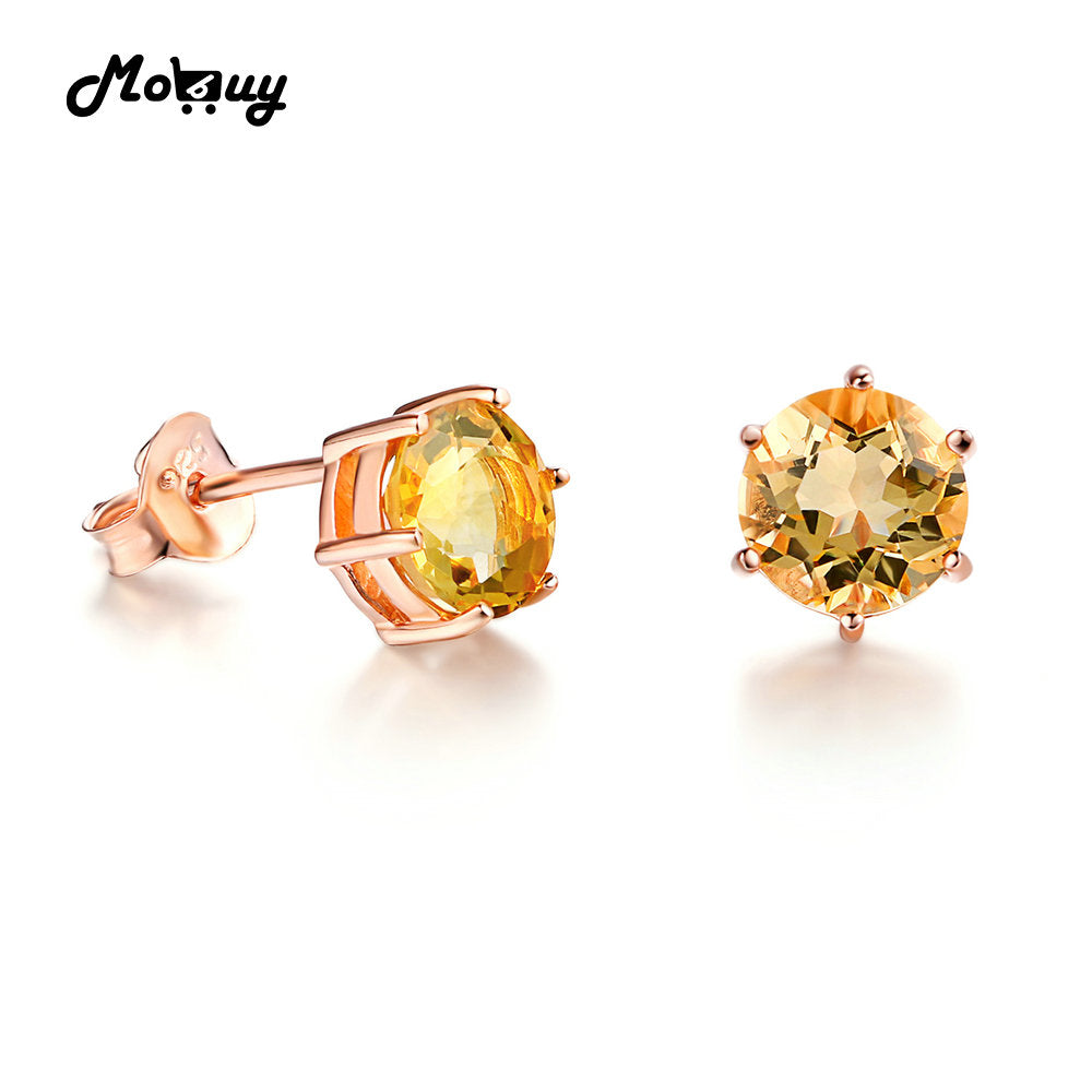 MBEI027 Classic Simple Style Natural Gemstone Citrine Stud Earrings 925 Sterling-Silver-Jewelry Rose Gold Plated For Women