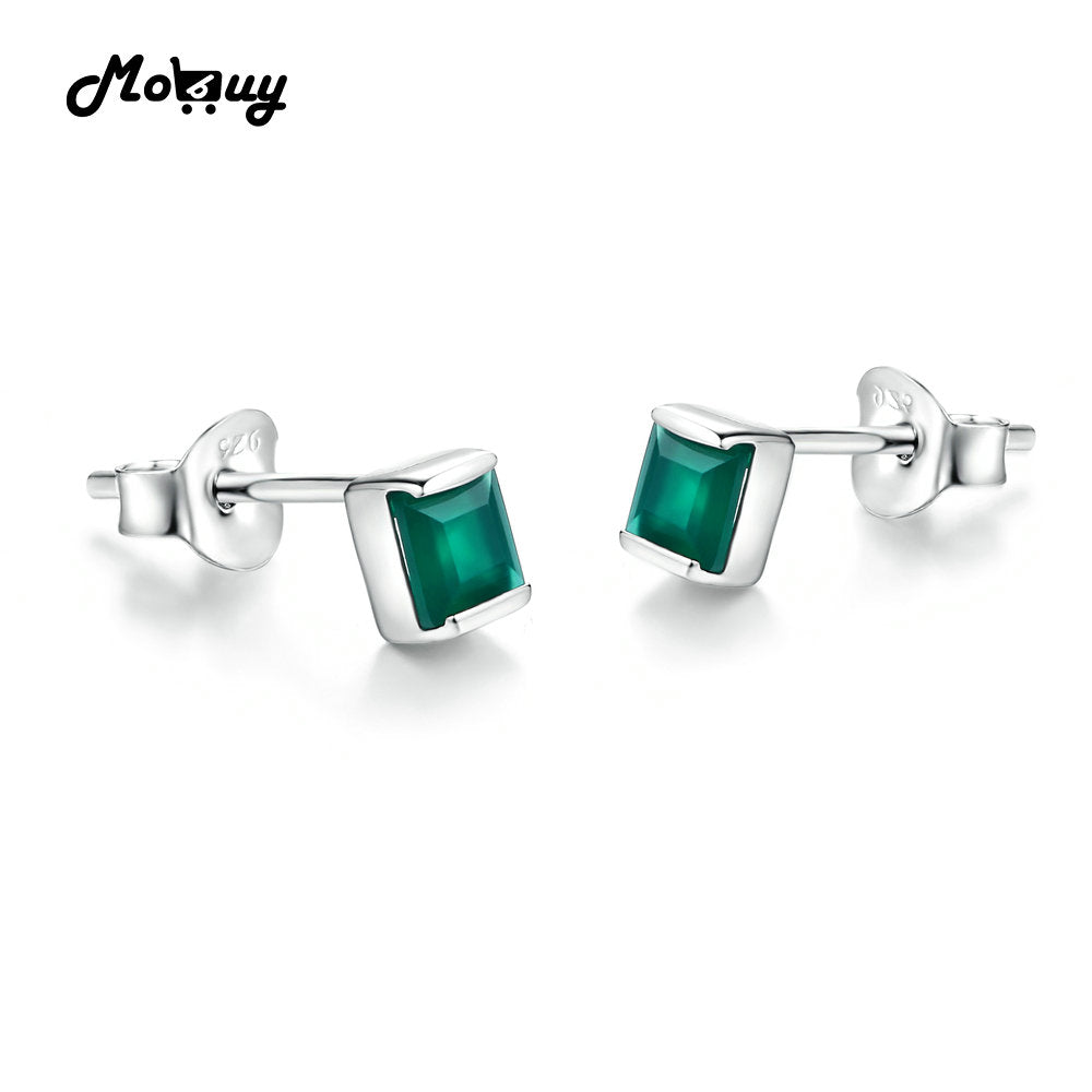 MBEI028 Made With 100% 925 Sterling Silver Simple Style Square Gemstone Green Chalcedony Stud Earrings Jewelry For Women