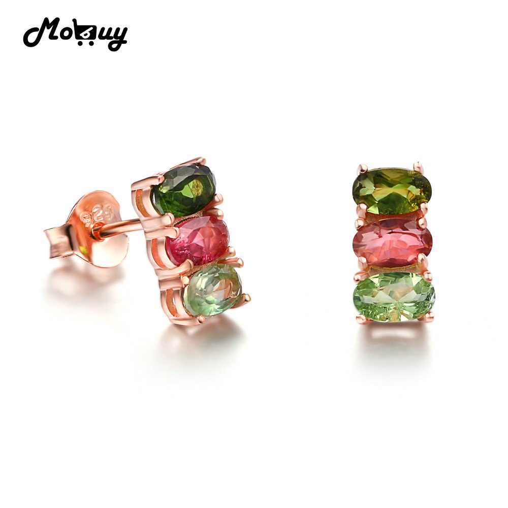 MBEI035 Three Colors Oval Tourmaline Natural Gemstone Stud Earrings 925 Sterling Silver Rose Gold Plated Jewelry For Women