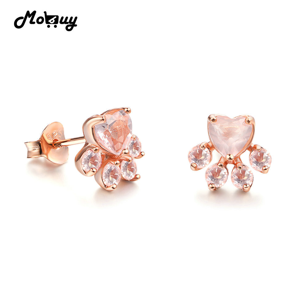 MBEI040 Lovely Claw Natural Gemstone Heart Rose Quartz Stud Earring 925 Sterling Silver Rose Gold Plated S925 Fine Jewelry