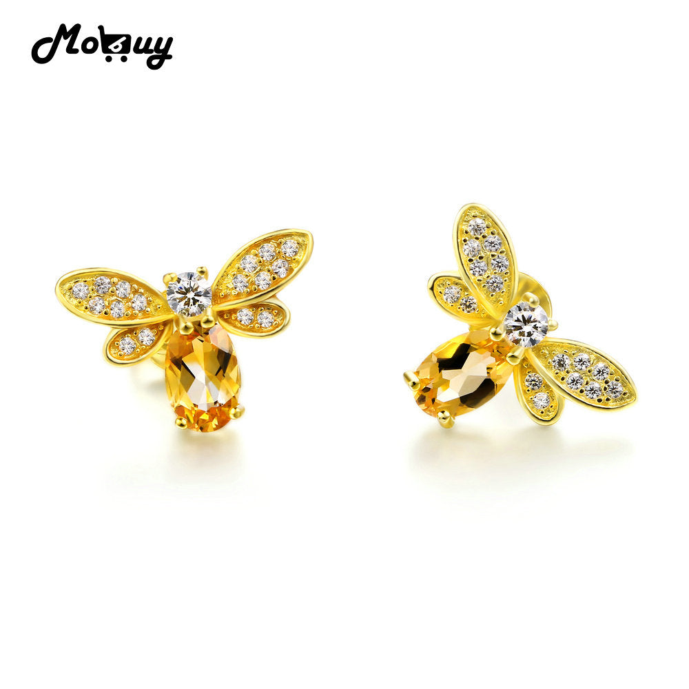 MBEI041 Natural Citrine Lovely Bee Stud Earrings 925 Sterling Silver Jewelry 14K Yellow Gold Plated Fine Jewelry For Women