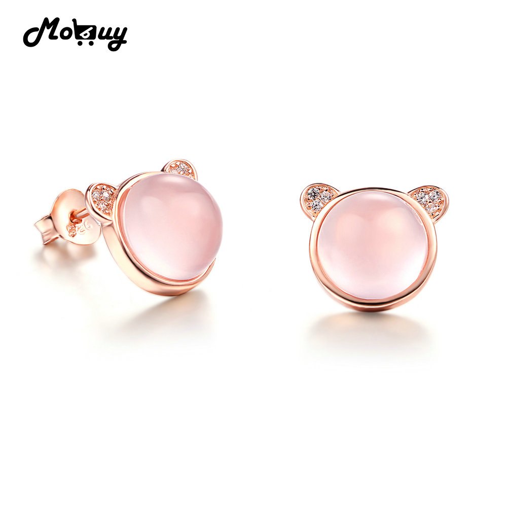 MBEI042 Cute Cat Natural Gemstone Rose Quartz Stud Earring 925 Sterling Silver Rose Gold Plated S925 Jewelry For Women