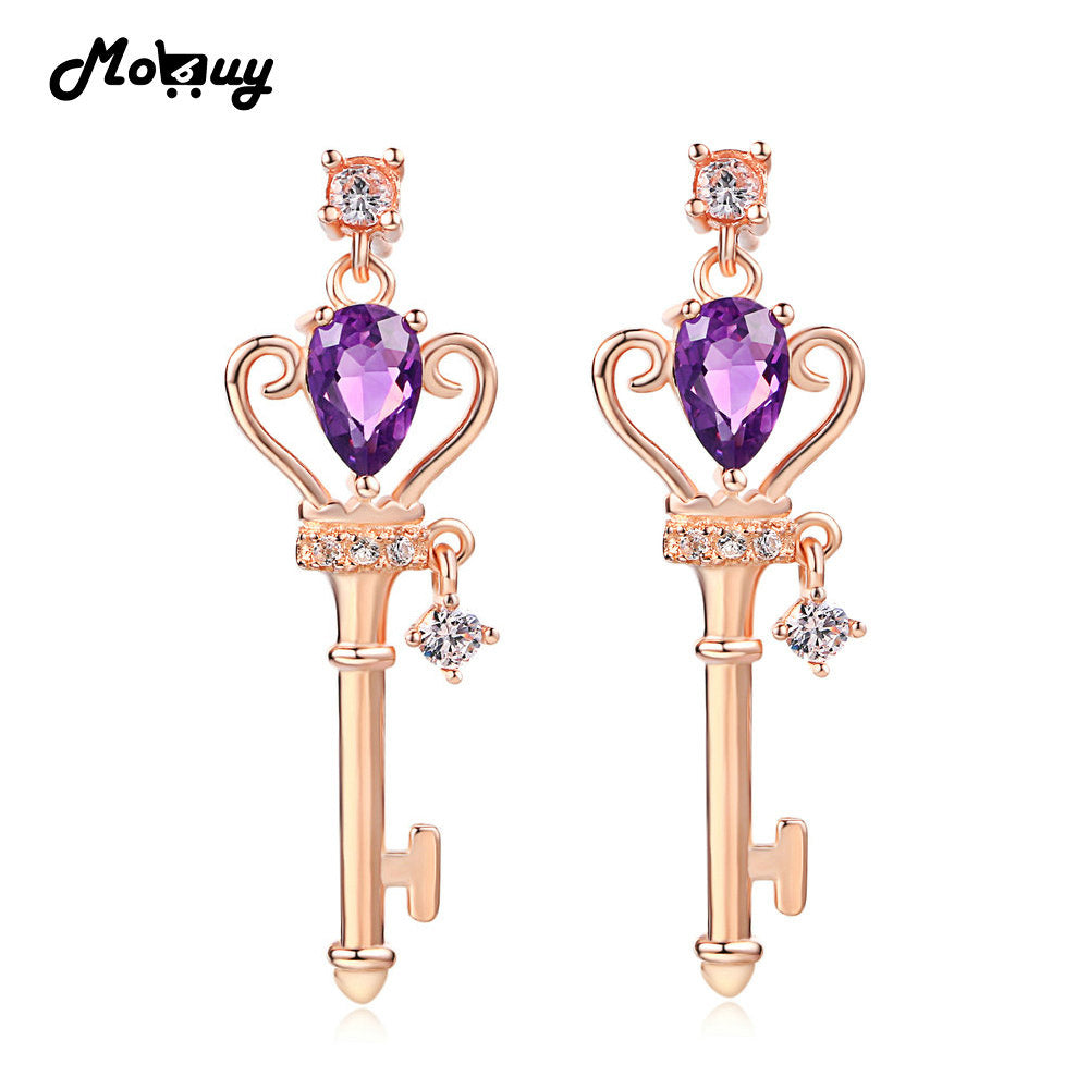 MBEI045 Crown Key Natrual Gemstone Amethyst Dangle/Drop Earrings 925 Sterling Silver Rose Gold Plated Jewelry For Women