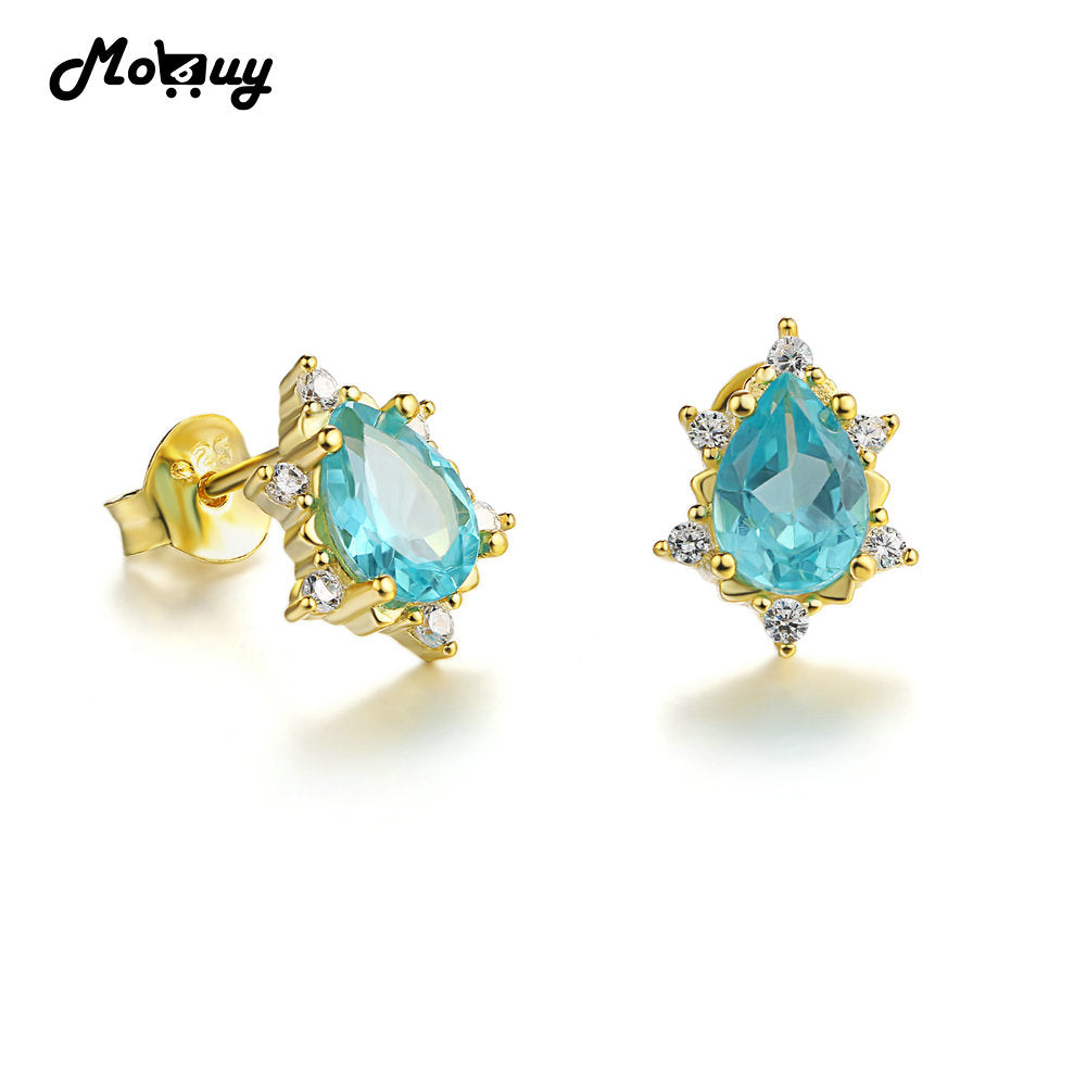 MBEI048 Gemstone Sky Blue Apatite Elegant Stud Earrings 925 Sterling Silver 14K Yellow Gold Plated Fine Jewelry For Women