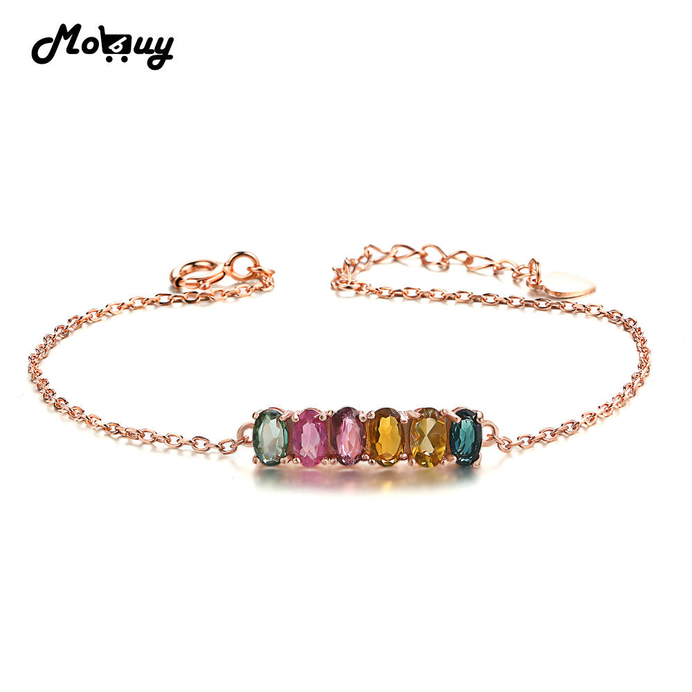 MBHI018 6pcs Natural Gemstone Multi-color Oval Tourmaline Chain Bracelet 925 Sterling Silver Rose Gold Plated Fine Jewelry