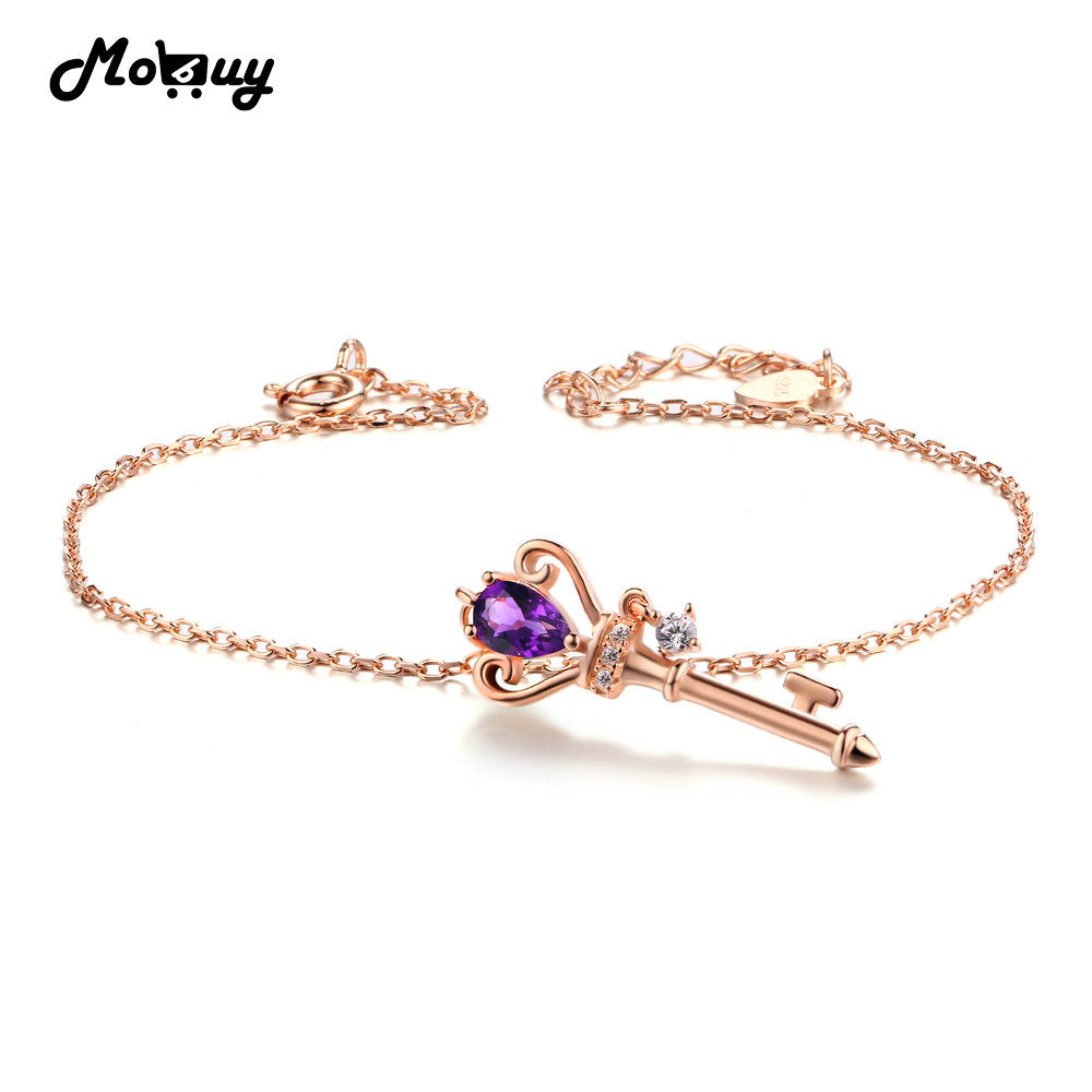 MBHI024 Gemstone Amethyst Romantic Crown Key Bracelets & Bangles 925 Sterling-Silver-Jewelry Rose Gold Plated For Women