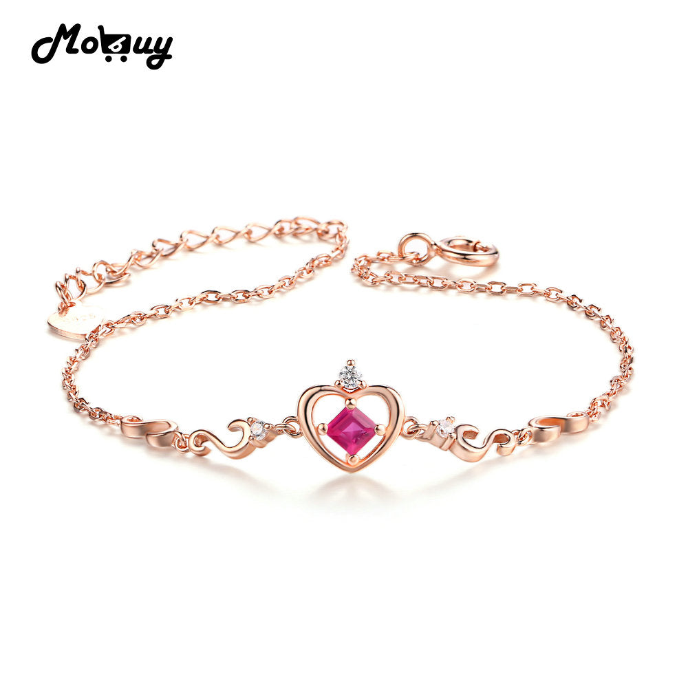 MBHI028 Princess Love Heart Gemstone Ruby Fine Bracelets & Bangles 925 Sterling-Silver-Jewelry Rose Gold Plated For Women