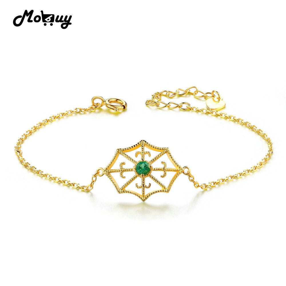 MBHI032 Round Natural Emerald Spider Net Hollow Bracelets & Bangles 925 Sterling Silver Yellow Gold Plated Chain For Women