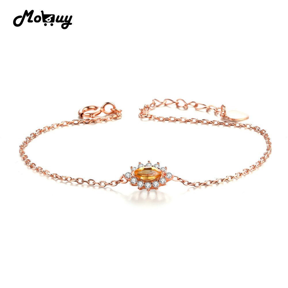 MBHI033 Eye Shape Natural Gemstone Citrine Bracelets & Bangle 925-Sterling-Silver-Jewelry Rose Gold Fine Chain For Women