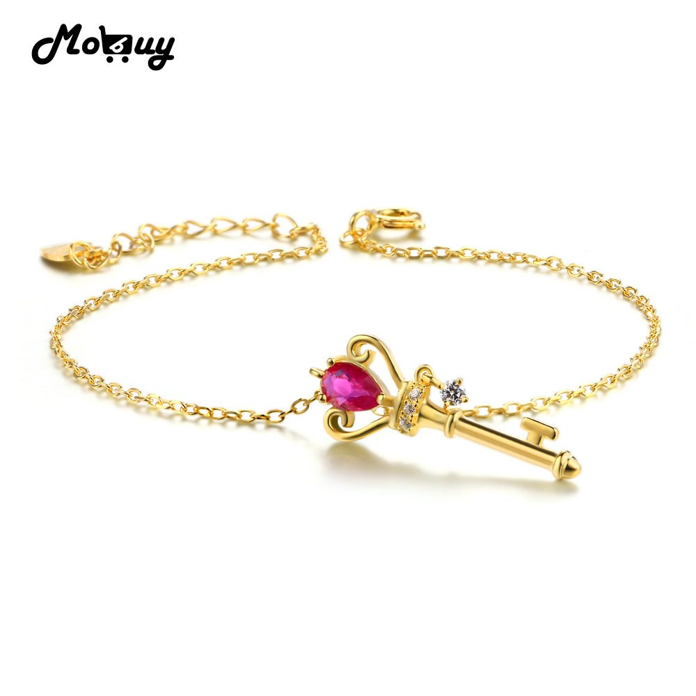 MBHI034 Crown Key Gemstone Ruby Bracelets & Bangles 925 Sterling Silver Fine Jewelry Yellow Gold Plated Chain For Women