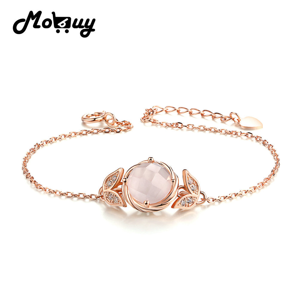 MBHI042 Round Gemstone 9mm Rose Quartz Leaf Bracelets & Bangles 925 Sterling Silver Jewelry Rose Gold Plated For Women