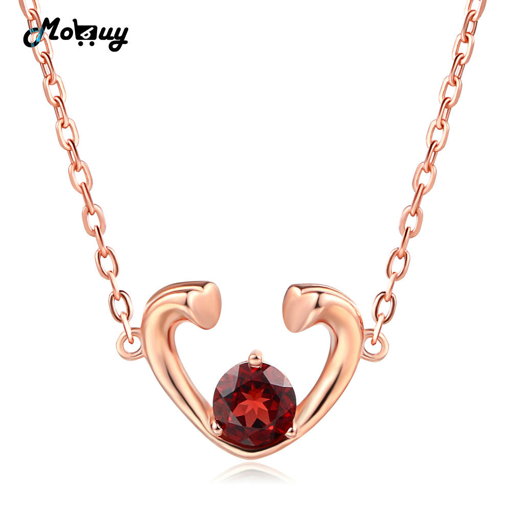 MBNI005 Hollow Heart Red Natural Gemstone 5mm Garnet Necklace & Pendant 925 Sterling Silver Rose Gold Plated Fine Jewelry