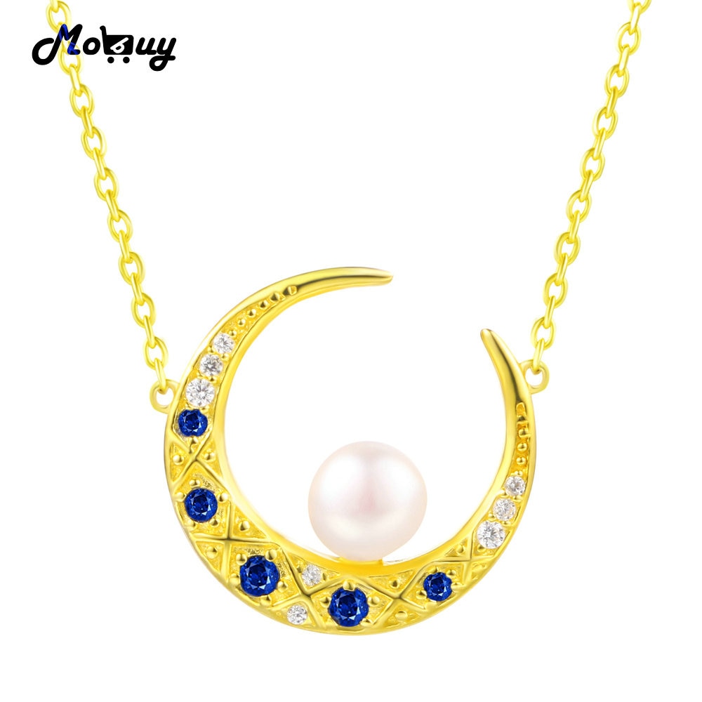 MBNI006 Natural Gemstone Fleshwater Pearl Beads Moon Necklace &Pendant 925 Sterling Silver Yellow Gold Plated Fine Jewelry