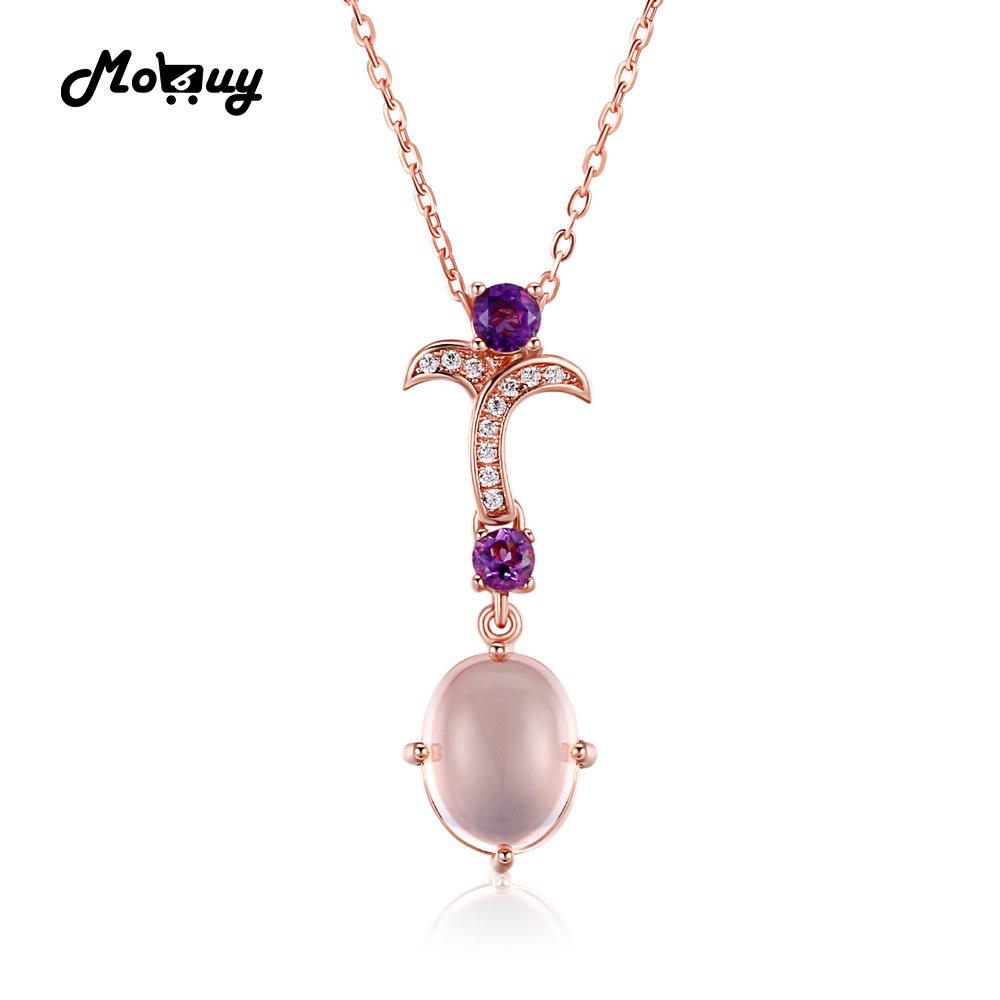MBNI013 Pink Oval Natural Gemstone Rose Quartz Necklace & Pendant 925 Sterling Silver Gold Plated Flower Fine Jewelry Gift