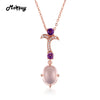 MBNI013 Pink Oval Natural Gemstone Rose Quartz Necklace & Pendant 925 Sterling Silver Gold Plated Flower Fine Jewelry Gift