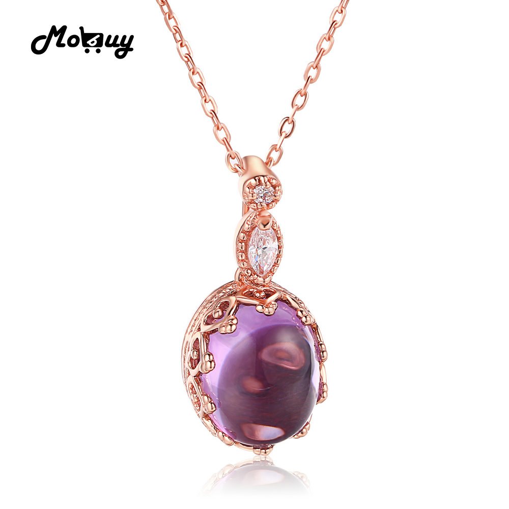 MBNI021 Oval Natural Gemstone Amethyst Necklace & Pendant 925 Sterling Silver Rose Gold Plated Fine Jewelry For Women Gift