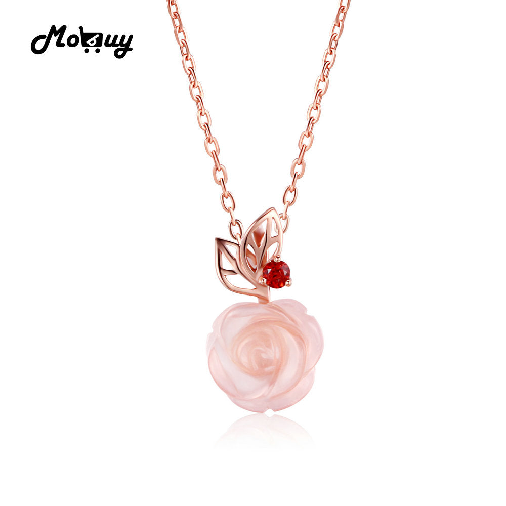 MBNI025 Unique Rose Flower Natural Gemstone Rose Quartz Necklace & Pendant 925 Sterling Silver Gold Plated Fine Jewelry