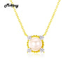 MBNI028 7~8mm Round Natrual Pearl Necklace & Pendant 925 Sterling Silver 14K Yellow Gold Plated Fine Jewelry