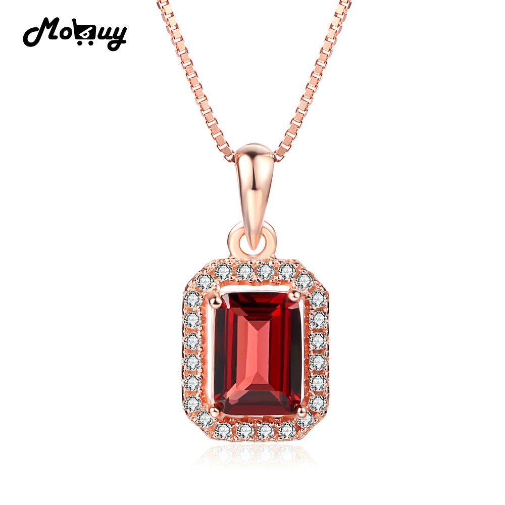 MBNI053 Classic Square Natural Gemstone Garnet Necklace & Pendant 925 Sterling Silver Rose Gold Wedding Party Fine Jewelry