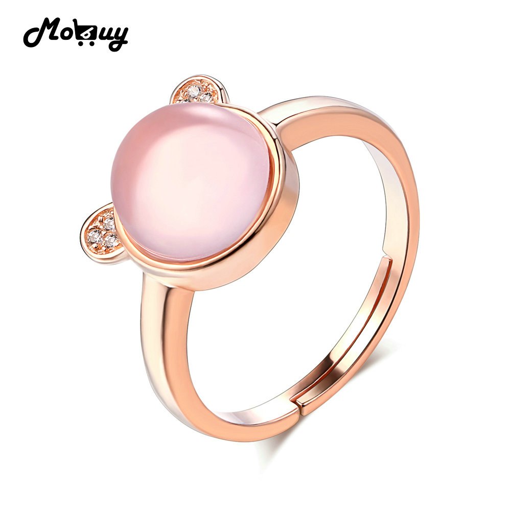 MBRI046 Pink Cute Bear Natural Gemstone Rose Quartz Ring 925 Sterling Silver Rose Gold Plated Adjustable S925 Jewelry Gift