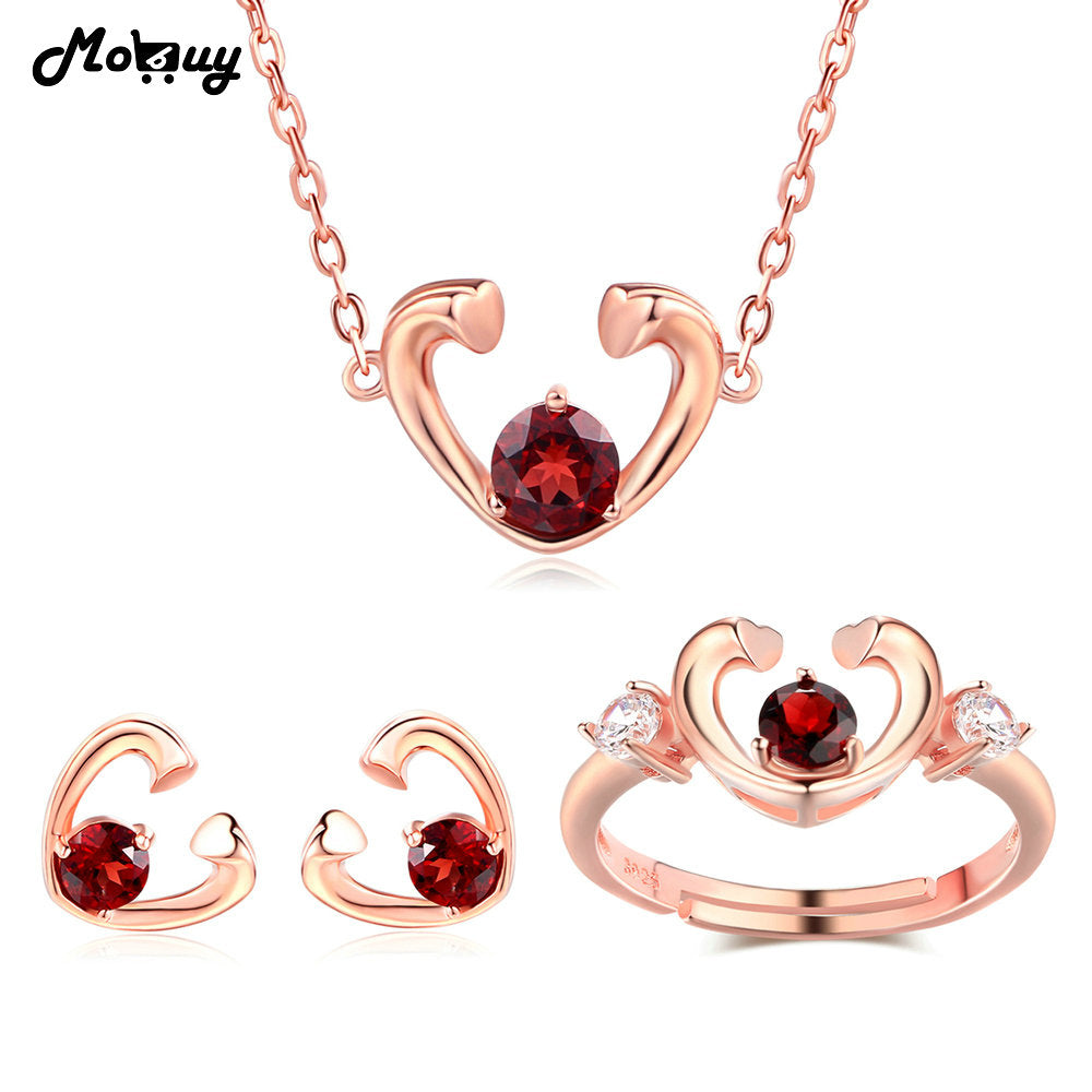 Natural Garnet Gemstone Romantic 3pcs Jewelry Sets 100% 925 Sterling Silver For Women Wedding Fine Jewelry V015ENR
