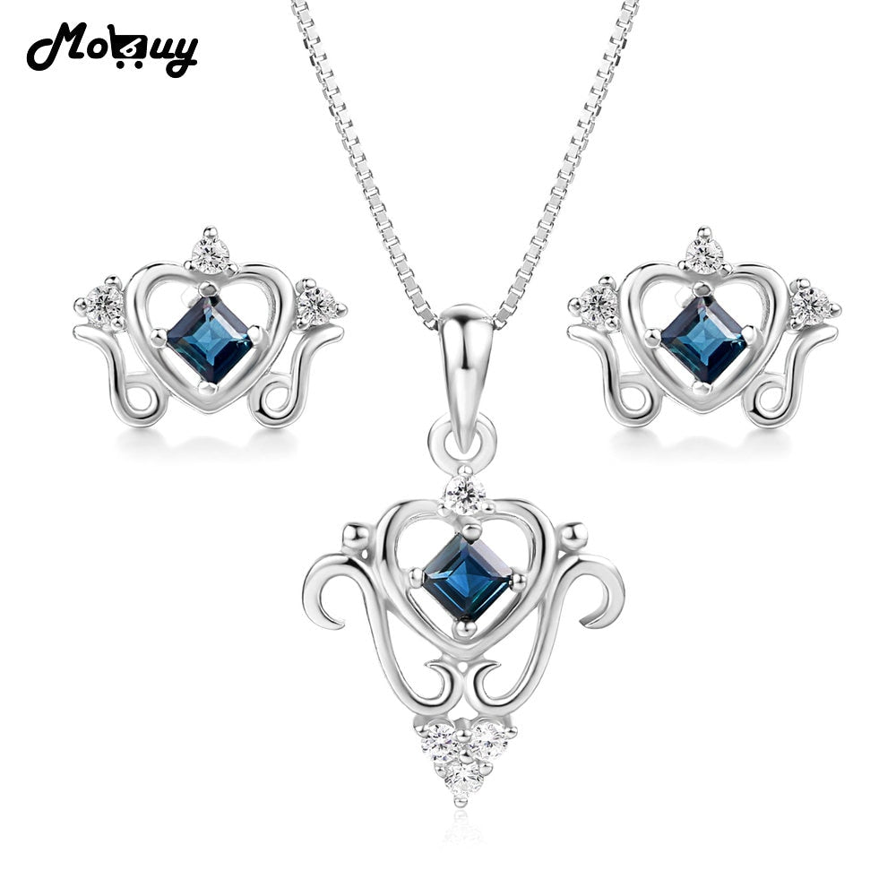 Natural Gemstone 2pcs Heart Jewelry Sets 100% 925 Sterling Silver 3pcs Sapphire Fine Jewelry For Women Wedding V019EN