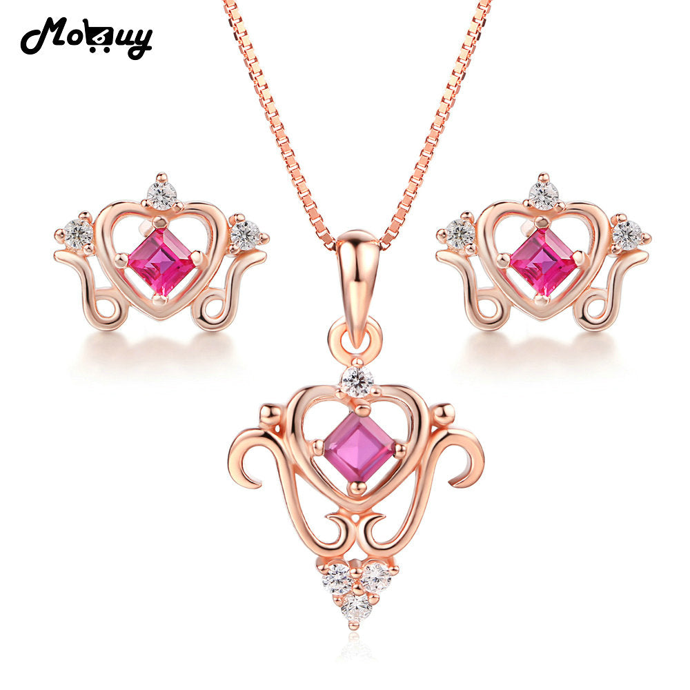 Natural Gemstone 2pcs Vintage Heart Jewelry Sets 100% 925 Sterling Silver Ruby Fine Jewelry For Women Wedding V019AEN