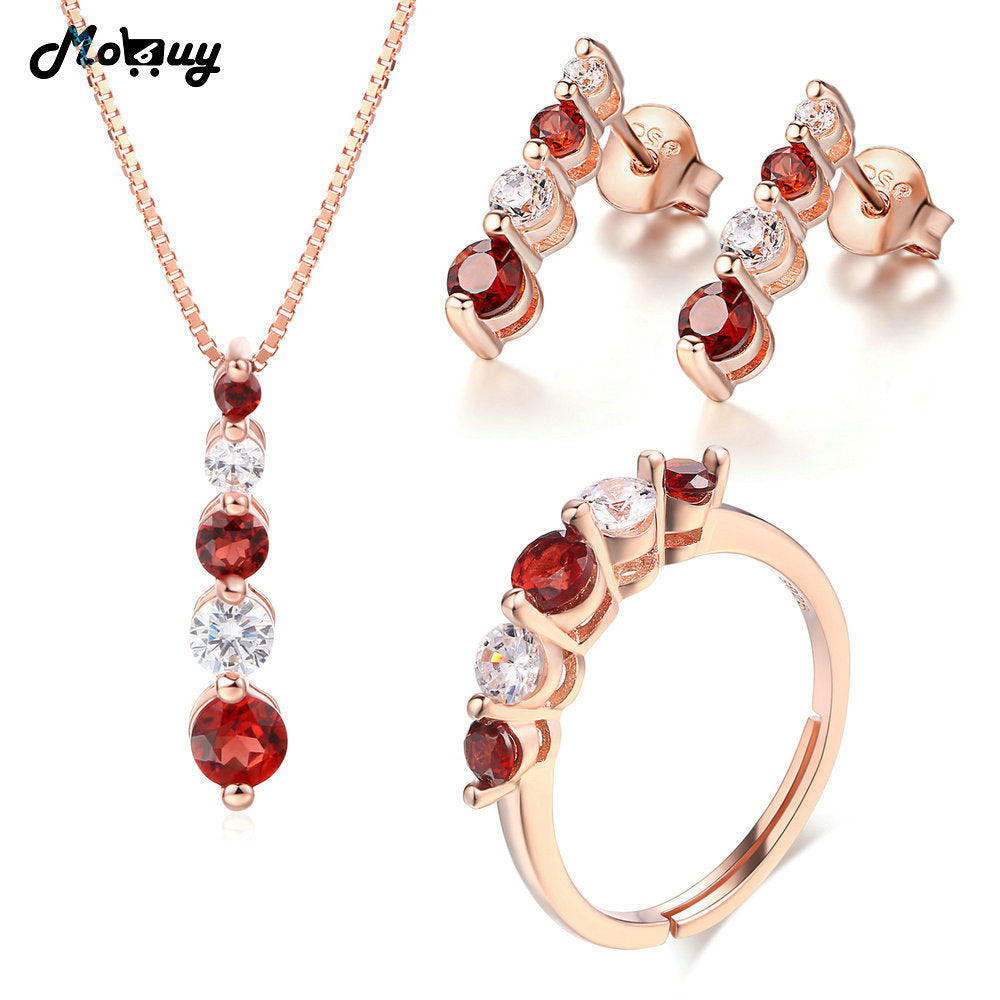 Natural Gemstone 3pcs Garnet Stone Jewelry Sets 100% 925 Sterling Silver For Women Wedding Party Fine Jewelry V041ENR