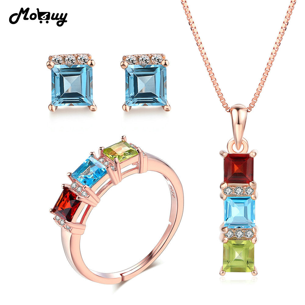 Natural Gemstone 3pcs Jewelry Sets 100% 925 Sterling Silver Cubic Zirconia For Women Engagement Fine Jewelry V012AENR
