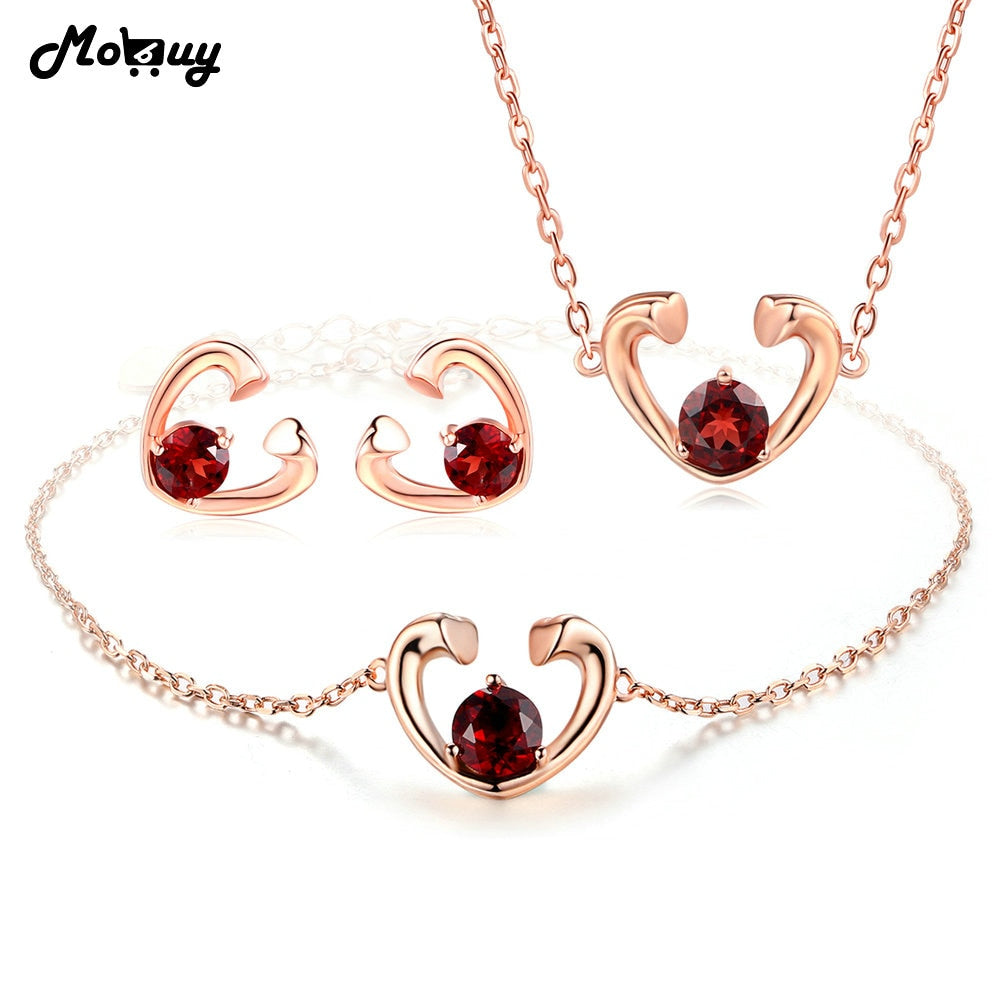 Natural Gemstone 3pcs Jewelry Sets 100% 925 Sterling Silver Red Garnet For Women Wedding Party Fine Jewelry V015EHN
