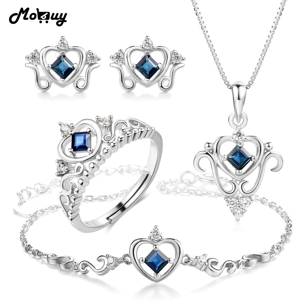 Natural Gemstone 4pcs Heart Jewelry Sets 100% 925 Sterling Silver Classic Sapphire Fine Jewelry For Women Party V019EHNR